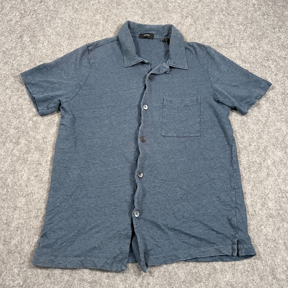 Theory Storm Blue‎ Linen Knit Short Sleeve Button Down Top Men's Size XL